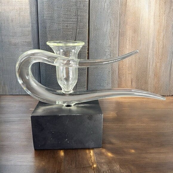 Vintage 1987 Candle Stick Holder Artist Signed Whitl I Clear Glass On Wood Base - Picture 1 of 12